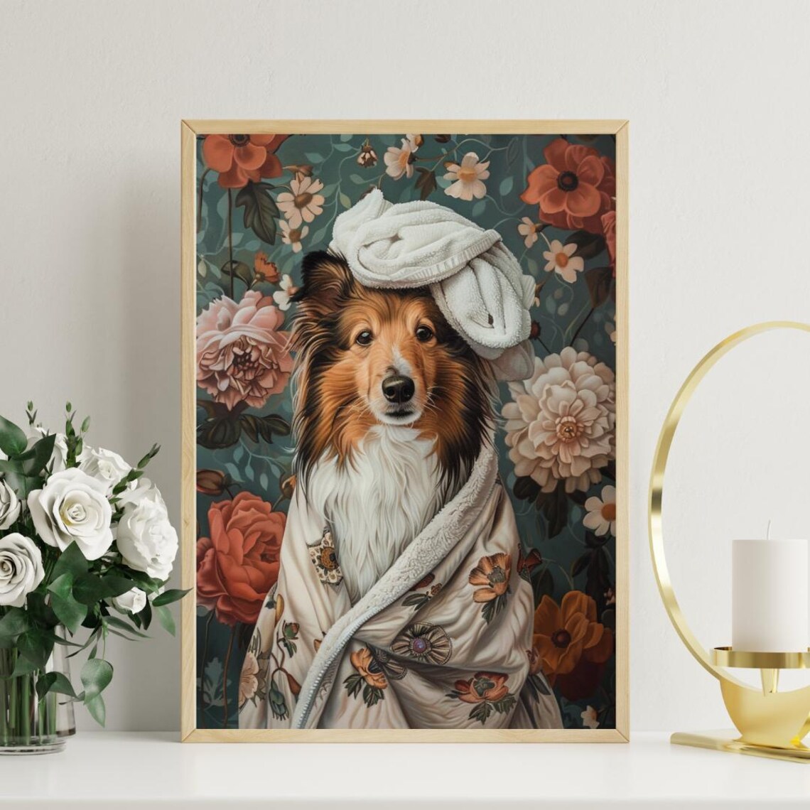 Shetland Sheepdog Bathrobe Dog Portrait Poster Cute Spa Floral Decor - Image 3