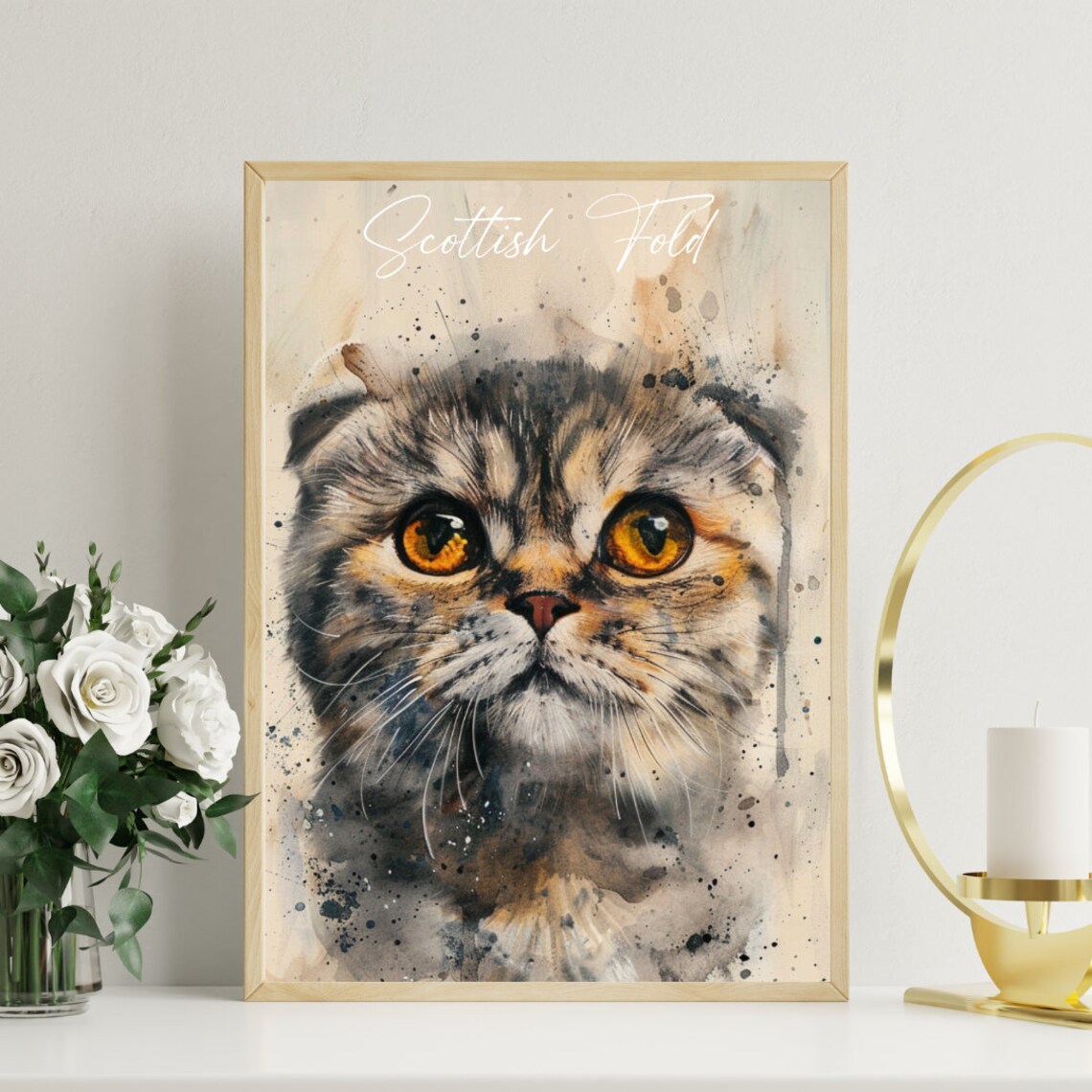 Scottish Fold Cat Watercolor Portrait Big Eyes Fine Art Poster - Image 3