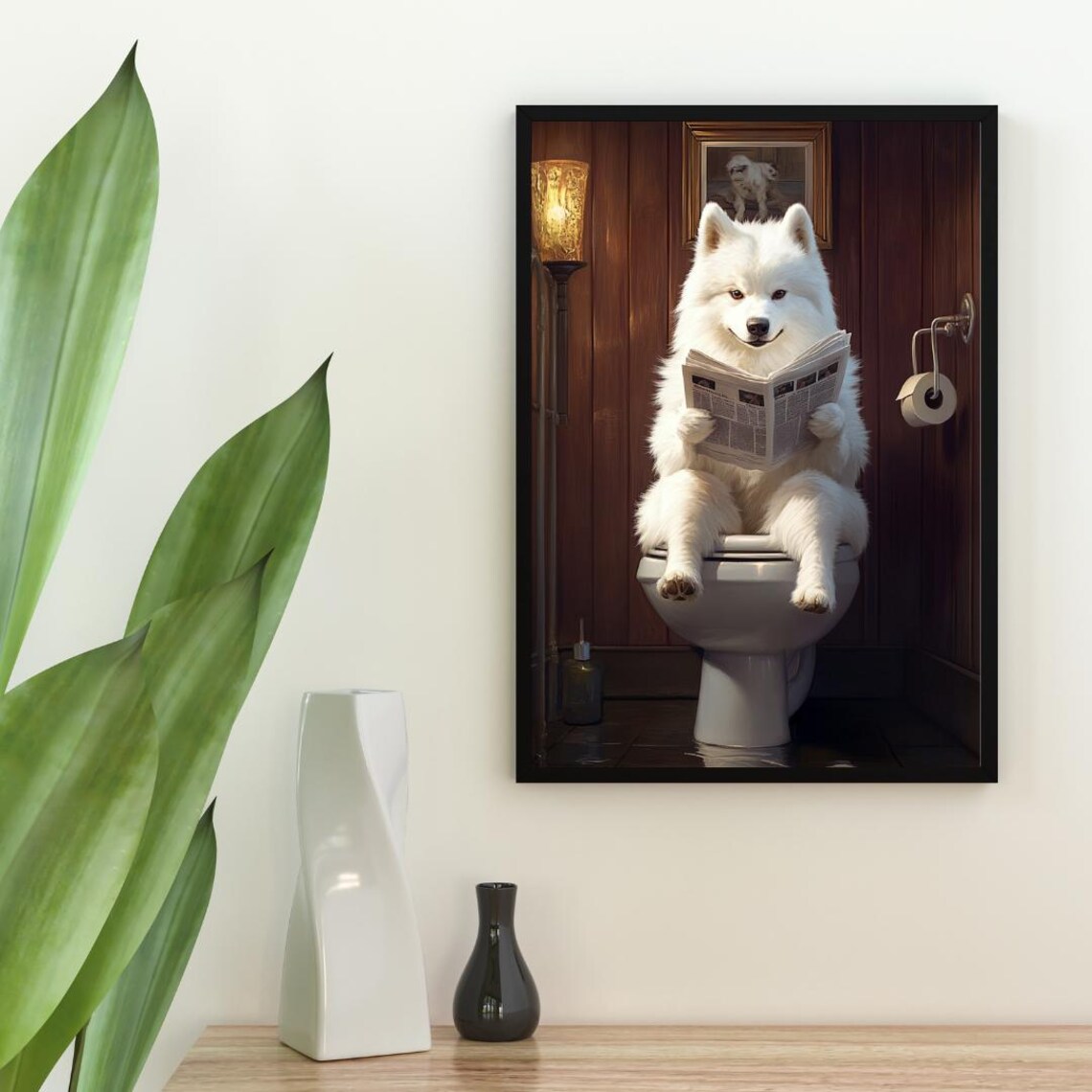 Samoyed On Toilet Bathroom Dog Art Print - Image 2