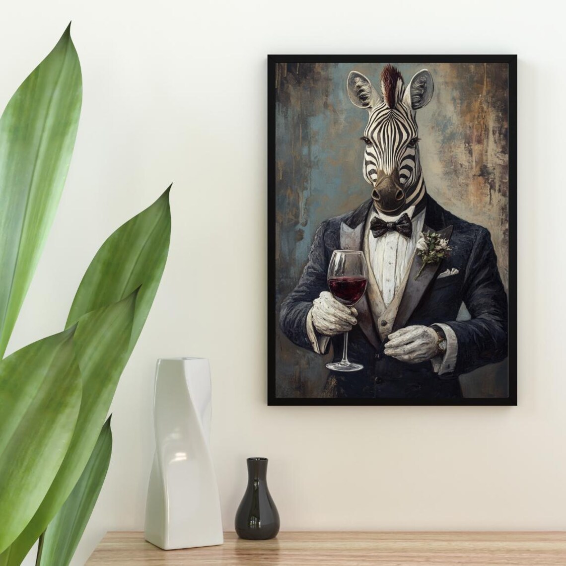 Zebra in Tuxedo Holding Wine Glass Vintage Oil Painting Animal Poster - Image 2