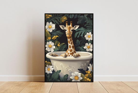 Giraffe In Bathtub Poster Funny Animal Poster Giraffe Bathroom Print Giraffe Bath Poster Animal Bathroom Wall Art Animal Print Giraffe