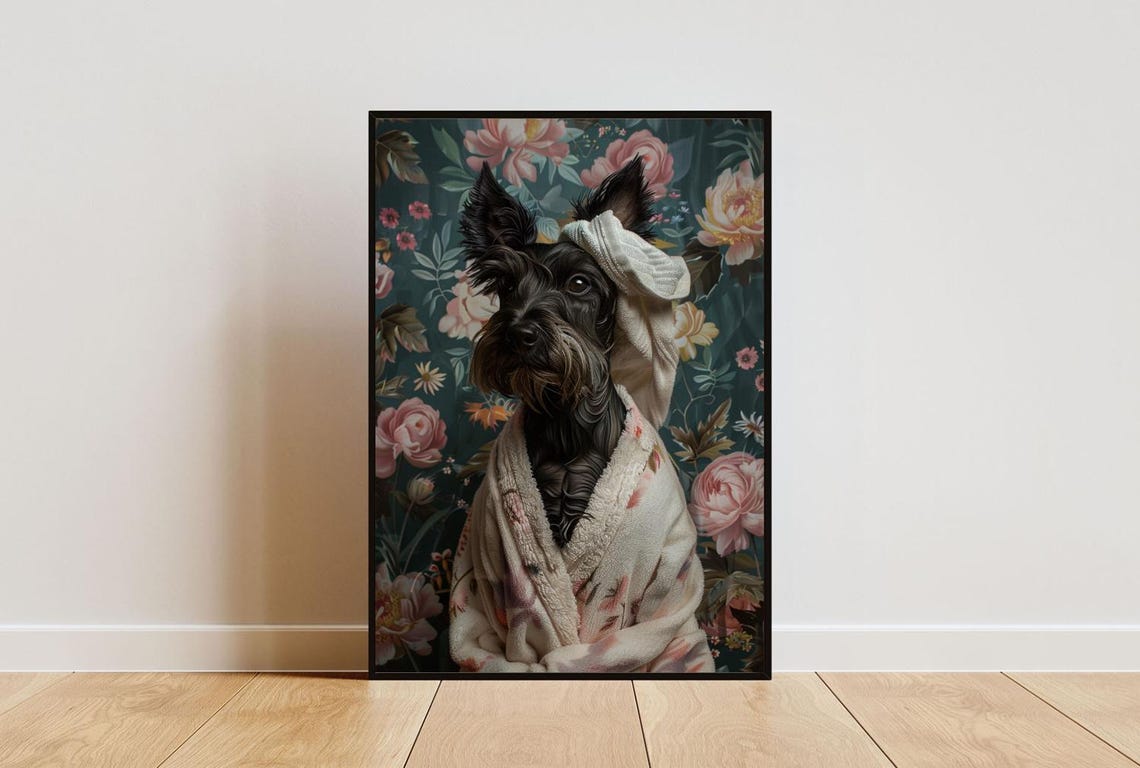 Scottish Terrier In Bathrobe Spa Day Portrait Funny Black Dog Poster