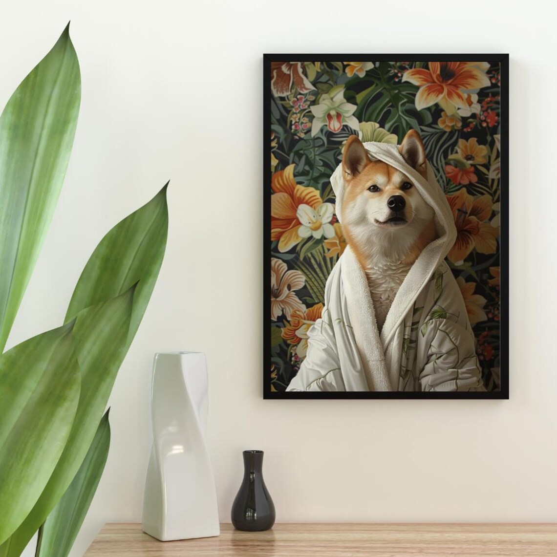 Akita In Bathrobe Bathroom Dog Portrait Art Print - Image 2