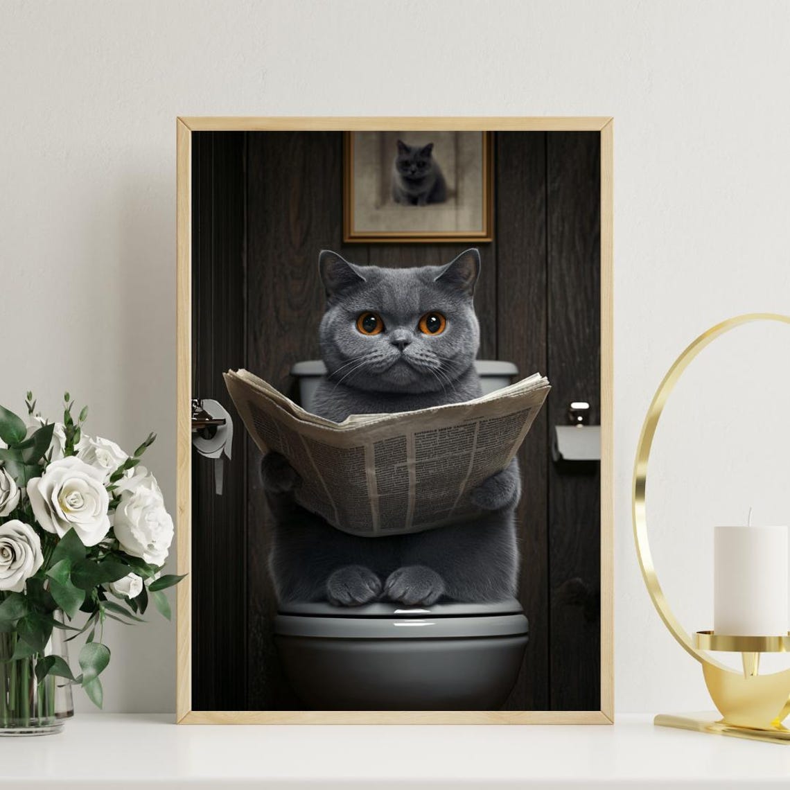 British Shorthair Cat on a Toilet Reading a Newspaper Poster - Image 3