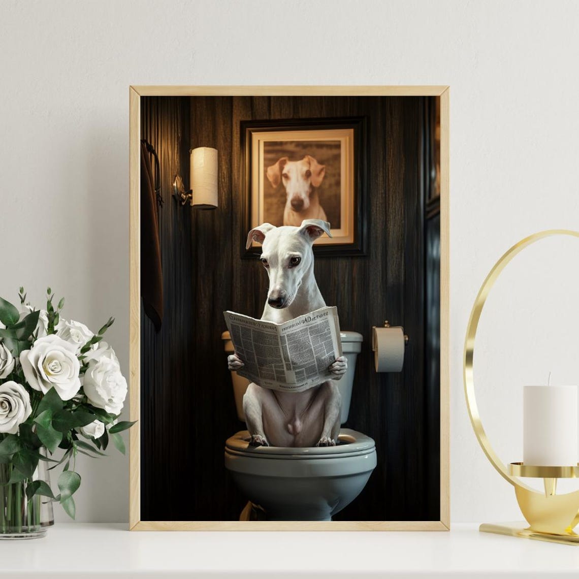 Whippet On Toilet Reading Newspaper Funny Bathroom Dog Poster - Image 3