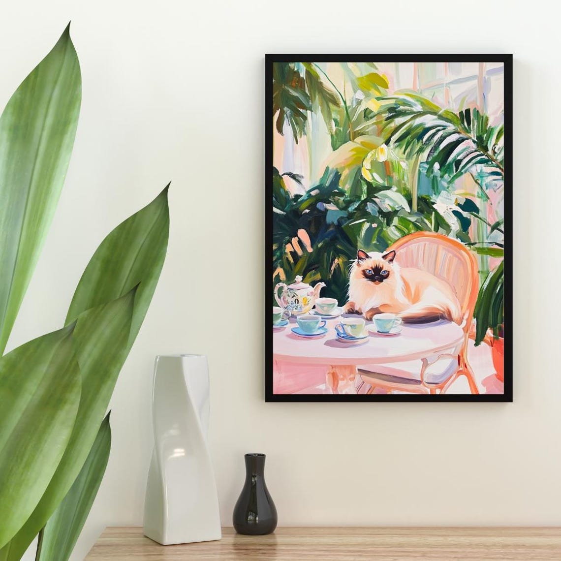Birman Cat at Tea Table Whimsical Colorpoint Cat Painting Poster - Image 2