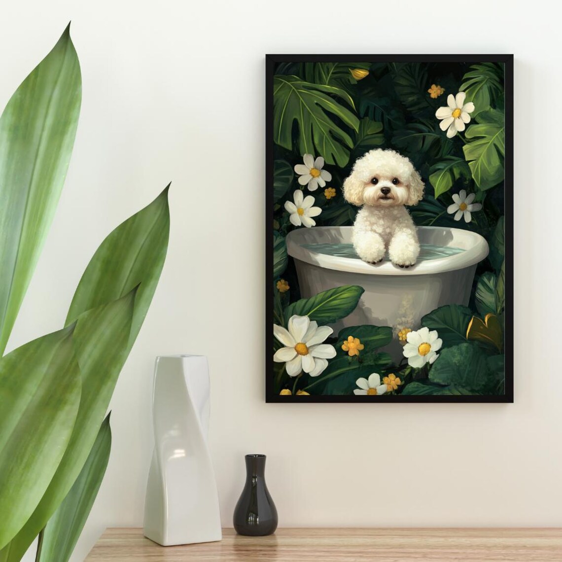 Bichon Frise Bath Time In Tropical Floral Tub Cute Dog Poster - Image 2