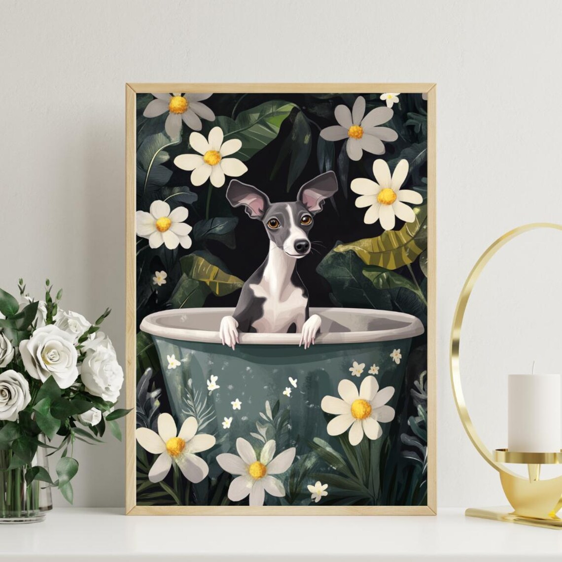 Italian Greyhound Bathtub Dog Portrait Poster Funny Floral Bath Decor - Image 3