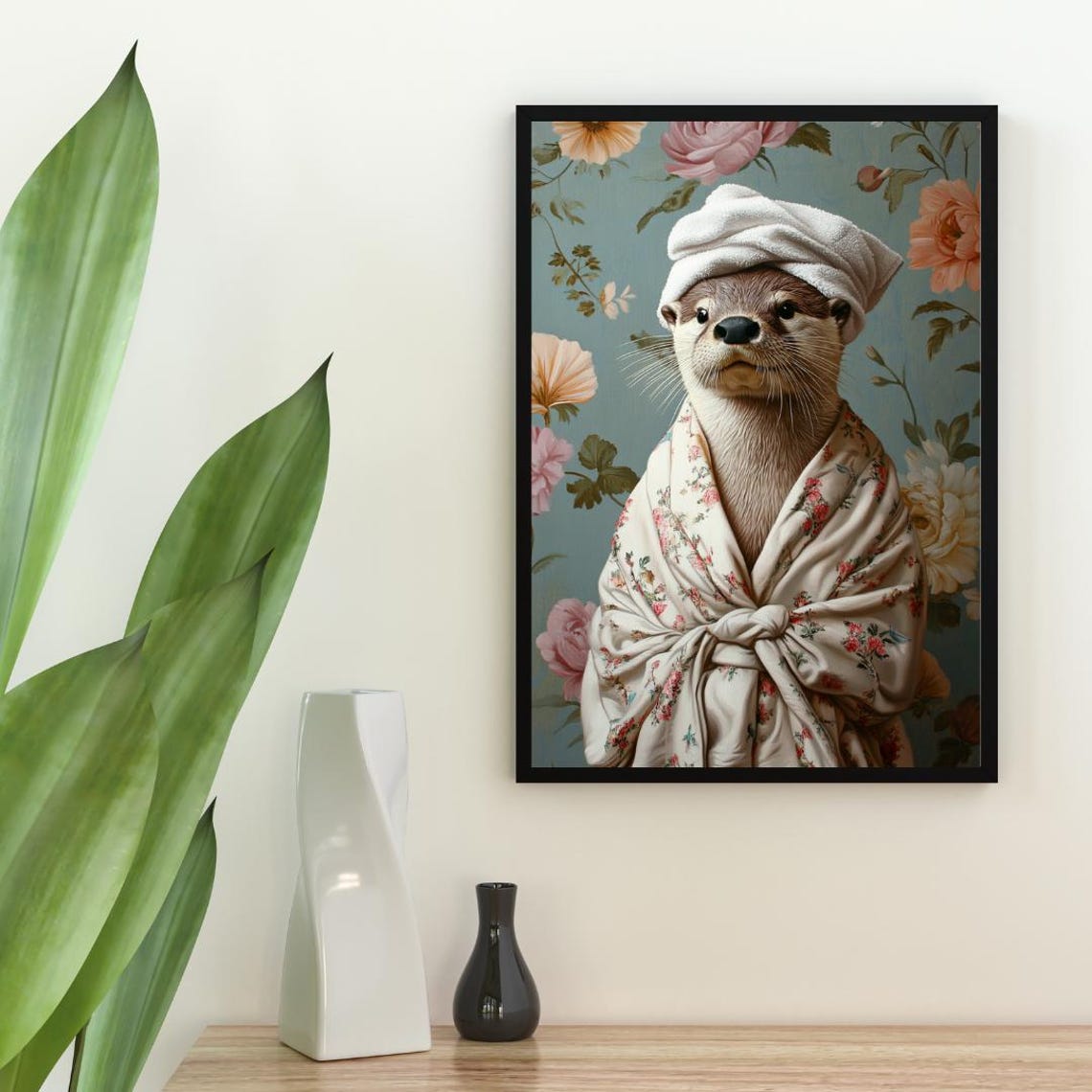 Otter In Floral Bathrobe With Towel Turban Funny Animal Poster - Image 2