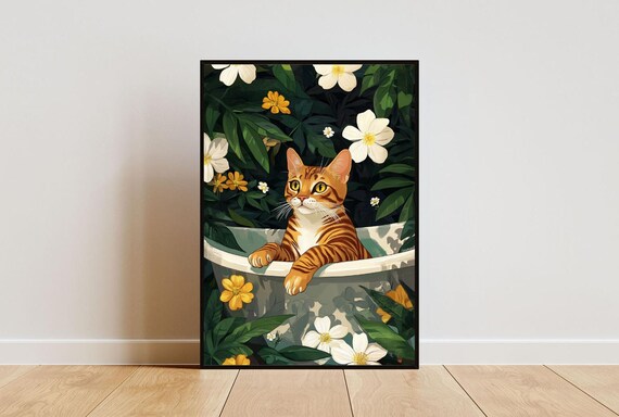 Bengal Cat in Bathtub Botanical Bathroom Poster Funny Exotic Room Decor