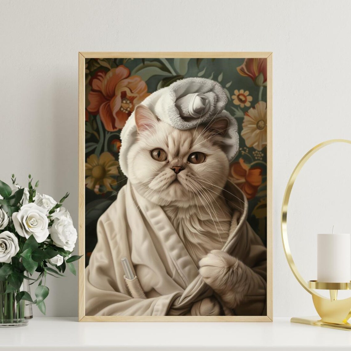 Exotic Shorthair Cat in Bathrobe Fun Bathroom Spa Art Poster - Image 3