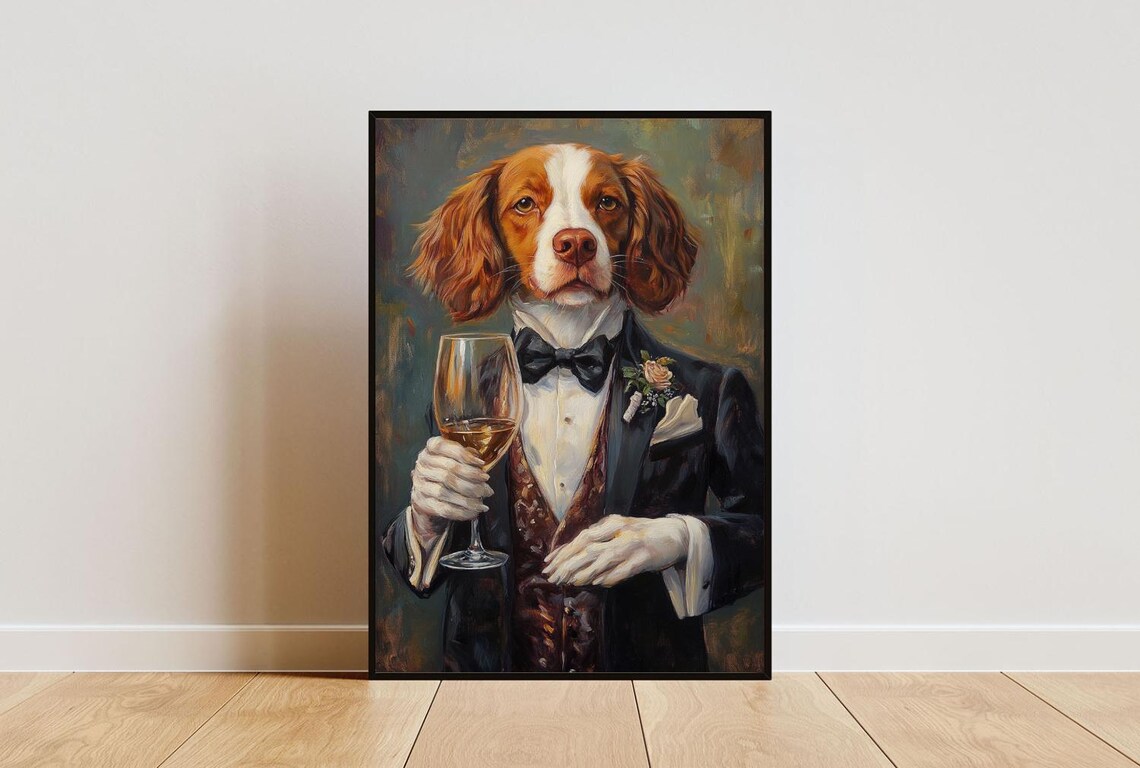 Brittany Spaniel In Tuxedo Dog Portrait Art Print
