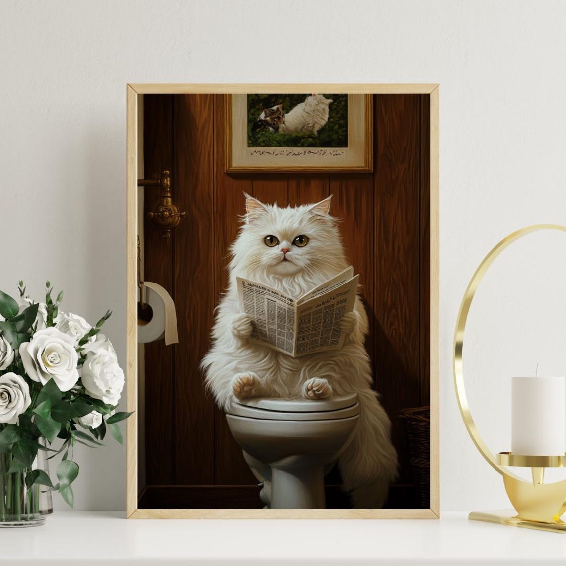 White Persian Cat on a Toilet Reading a Newspaper in a Bathroom Poster - Image 3