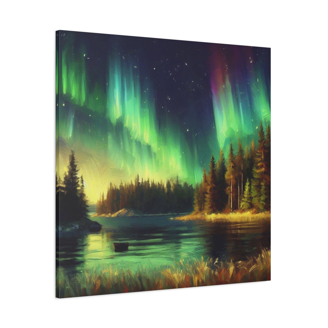 Green Aurora Borealis Over Lake Pine Forest Night Sky Wall Poster - Image 3