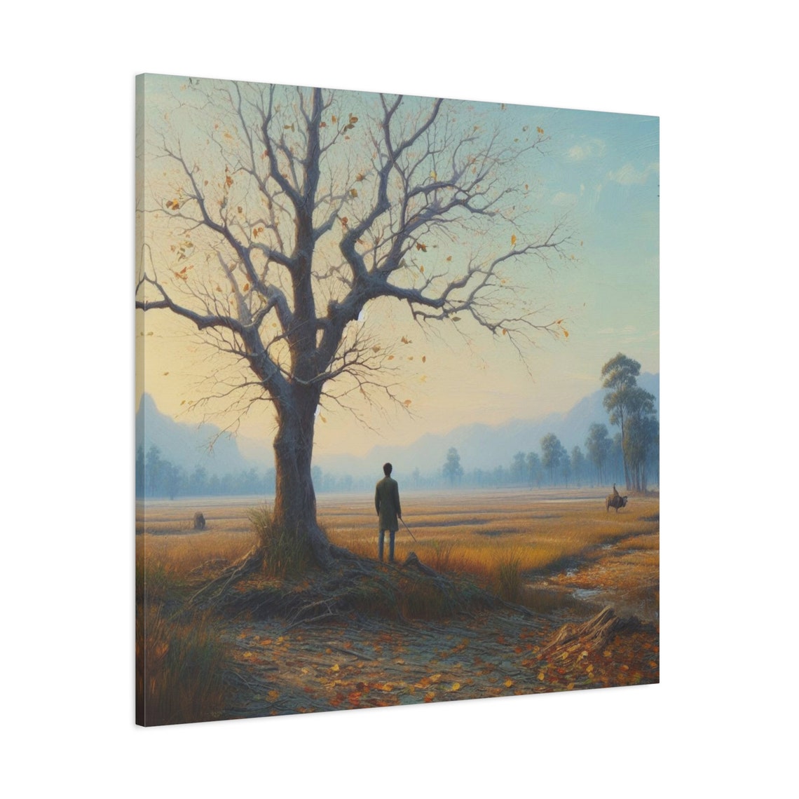 Lone Man Autumn Field Bare Tree Golden Dawn Landscape Art Poster - Image 3
