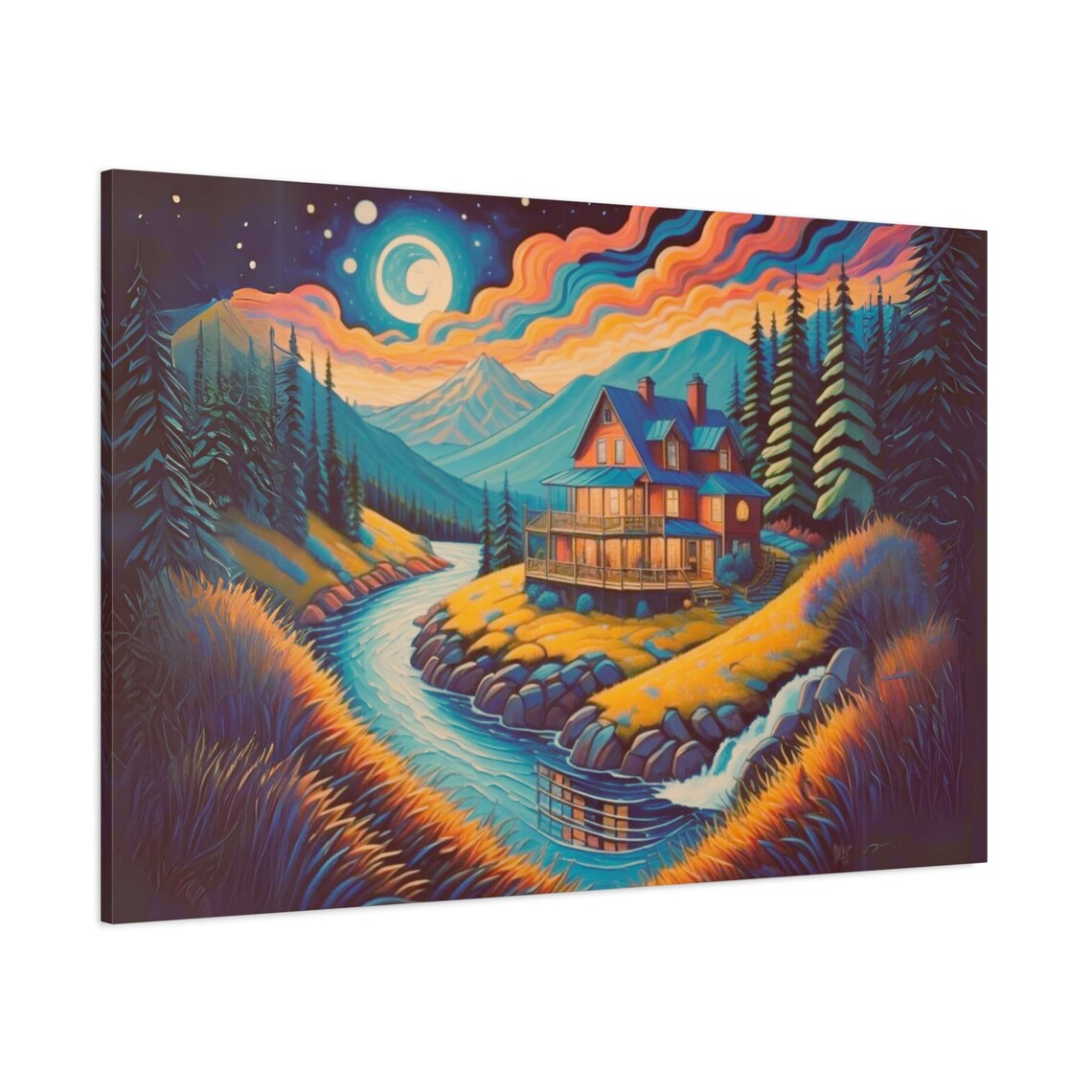 Mountain And Forest Landscape Wall Art House By The Lake Mountain House Painting River Painting Village House Gift - Image 3