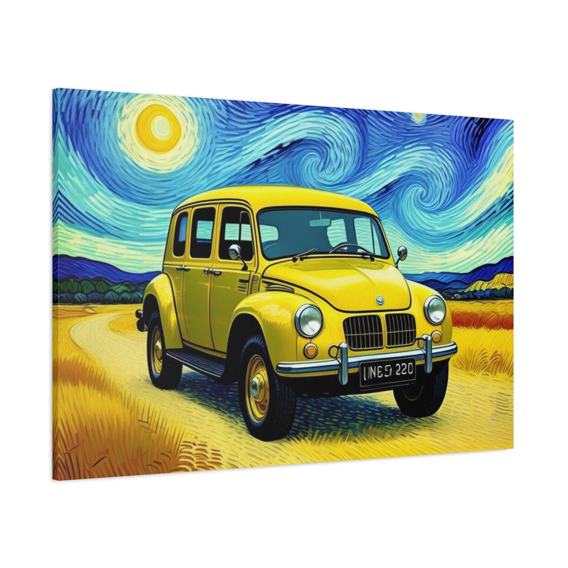 Van Gogh Style Painting Vintage Yellow Car Art Starry Night Inspired Wall Art Retro Car Print Classic Car Gift - Image 2
