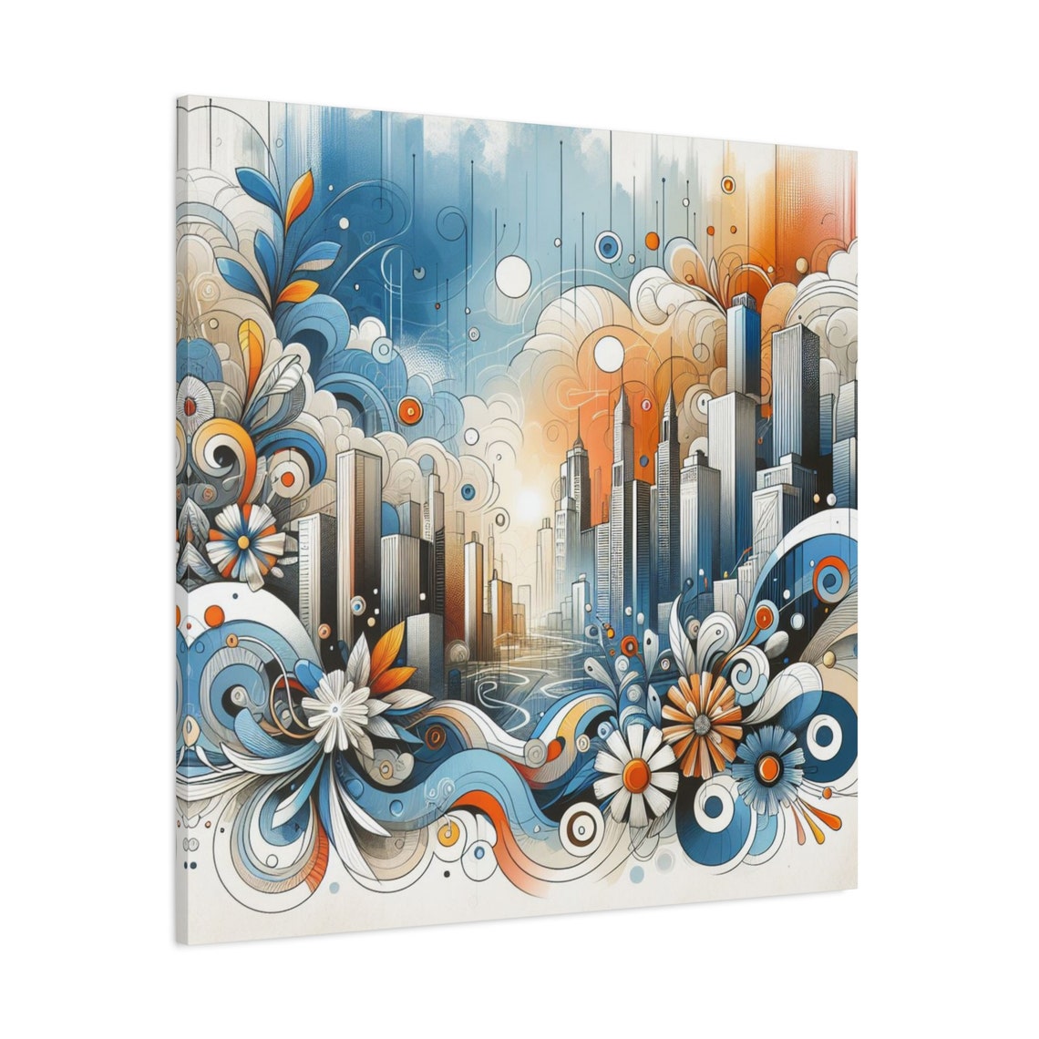Whimsical Floral City Skyline Blue Orange Swirl Wall Art Poster - Image 3