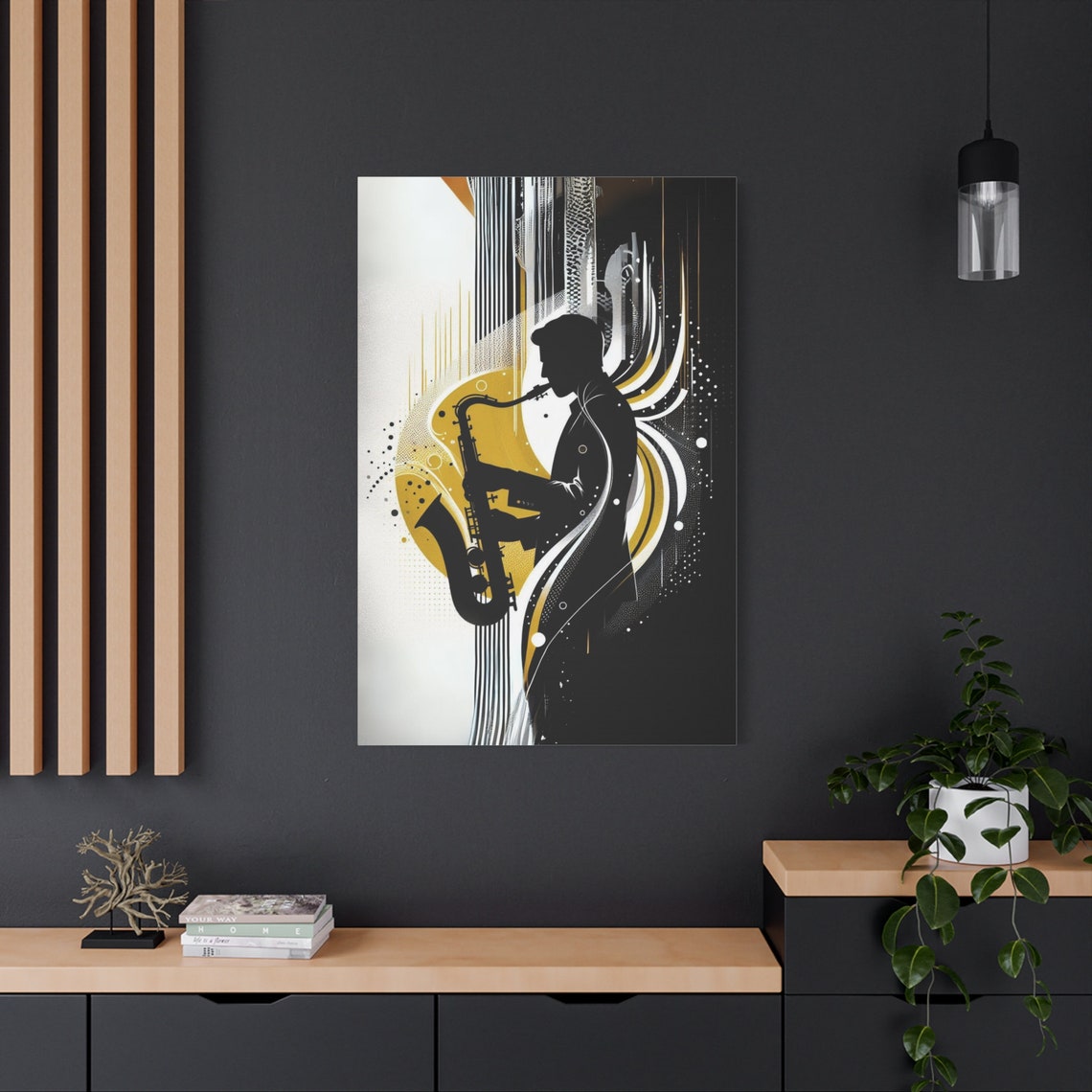 Jazz Saxophone Silhouette Gold Swirl Abstract Musician Wall Poster - Image 2