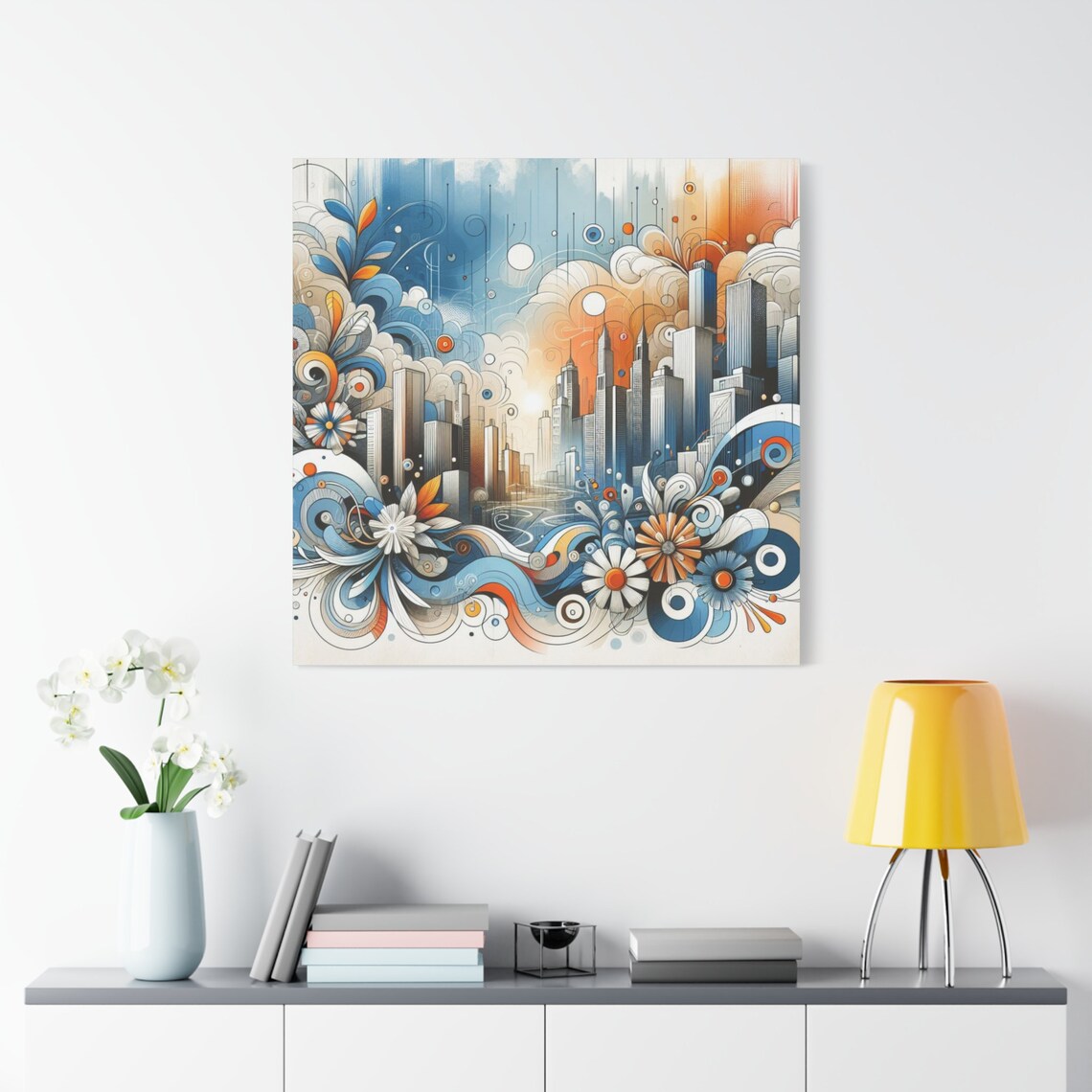 Whimsical Floral City Skyline Blue Orange Swirl Wall Art Poster - Image 4