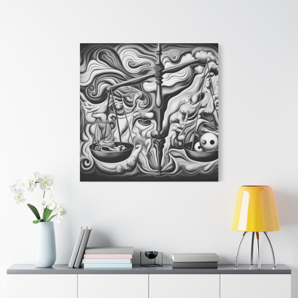 Surreal Black and White Balance Scale Cosmic Surrealist Art Poster - Image 4