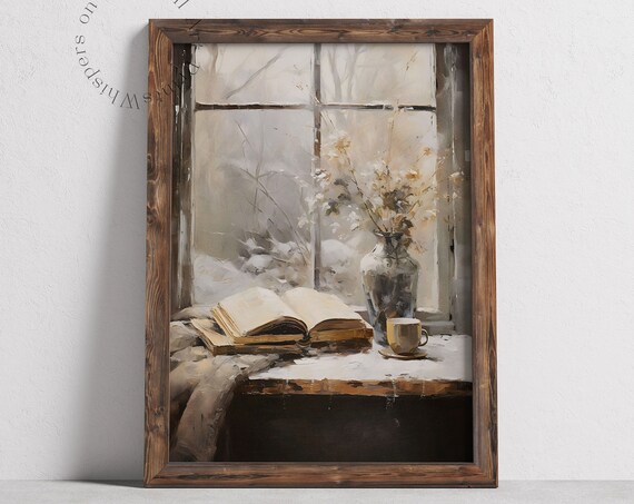 Coffee Wall Art Books And Coffee Painting Moody Kitchen Decor Winter Cottagecore Art Neutral Wall Art