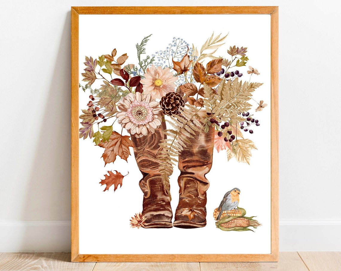 Rustic Fall Boots with Autumn Flowers Watercolor Country Wall Art