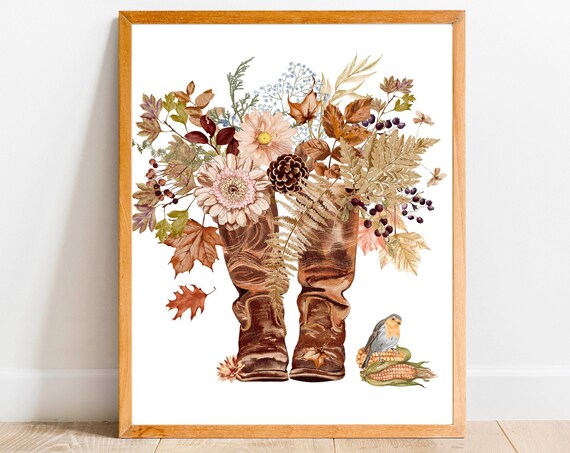 Rustic Fall Boots with Autumn Flowers Watercolor Country Wall Art