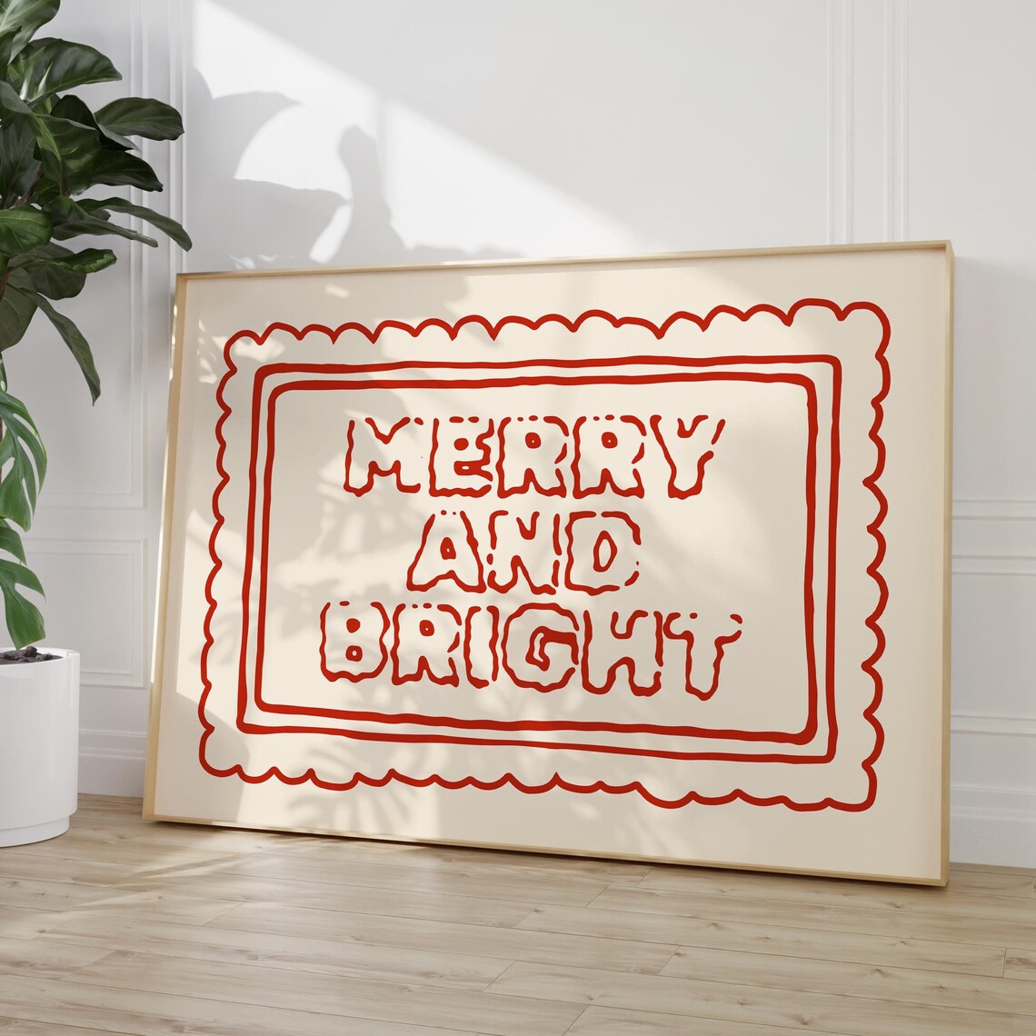 Merry And Bright Red Doodle Stamp Vintage Christmas Art Poster