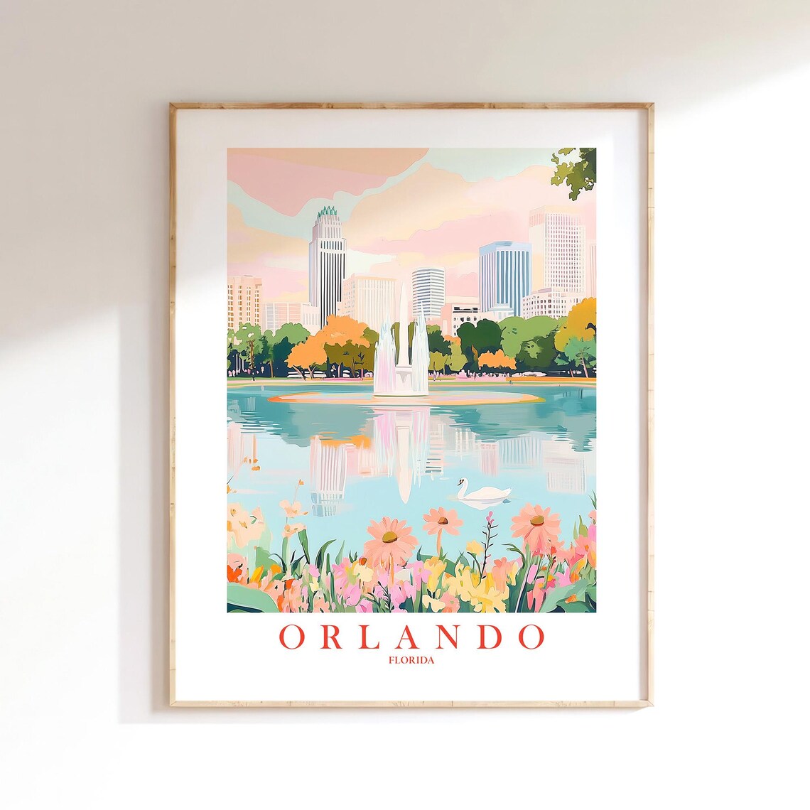 Orlando Florida Lake Eola Fountain Swan Skyline Travel Poster Art