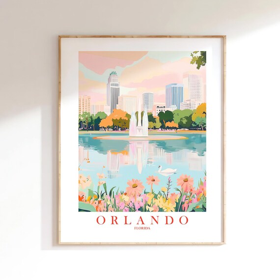 Orlando Florida Lake Eola Fountain Swan Skyline Travel Poster Art