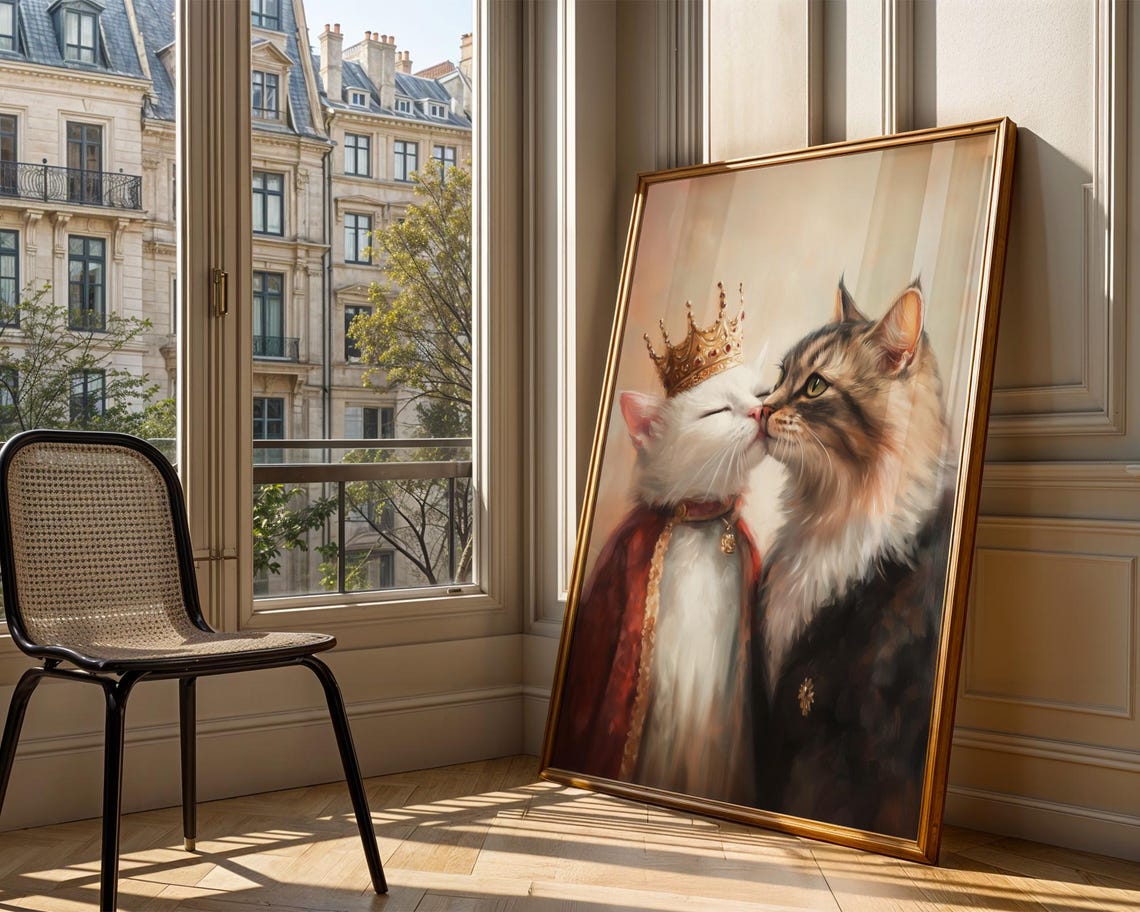 Royal Cat Couple Wall Art Cat Couple Painting Quirky Cat Poster Regal Cats Painting Whimsical Couple Decor Fantasy Art Cat Print - Image 3