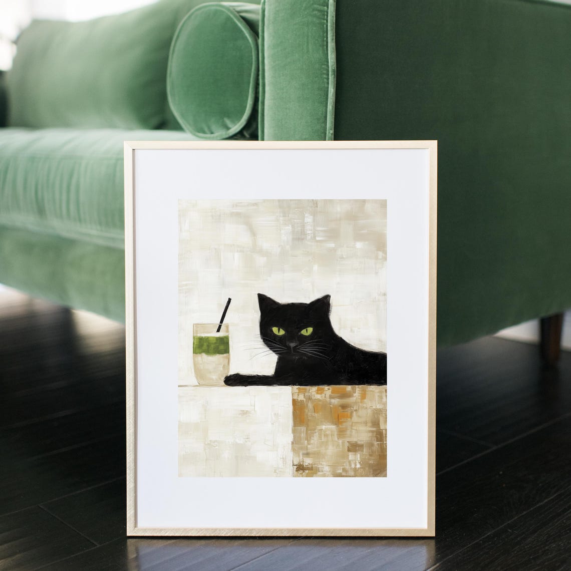 Black Cat Beside A Matcha Drink Minimalist Modern Cat Art Poster - Image 2