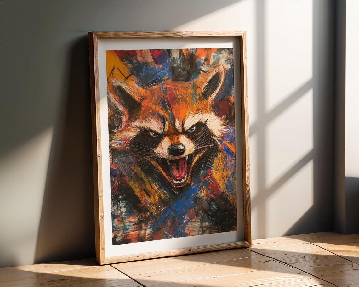 Roaring Raccoon Abstract Animal Painting Bold Fiery Colors Art Poster - Image 2