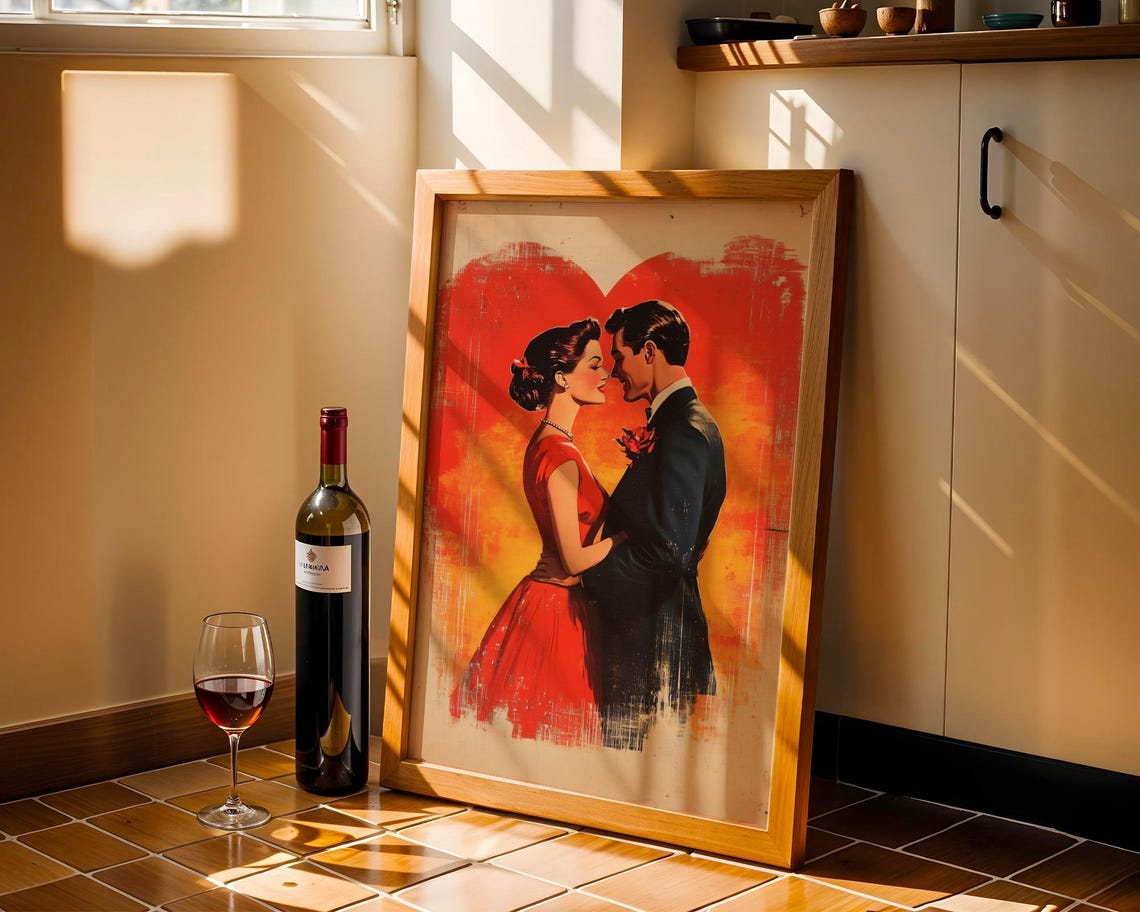 Retro 1950s Couple Embracing Red Heart Background Vintage Love Poster - Image 2