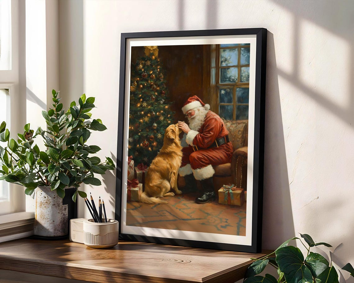 Jolly Santa Claus Petting A Golden Retriever Christmas Poster - Image 2