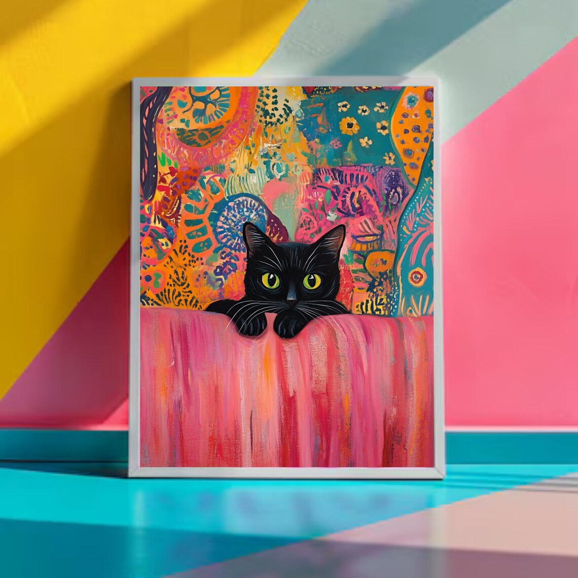 Abstract Black Cat Behind Pink Couch Abstract Art Print - Image 3