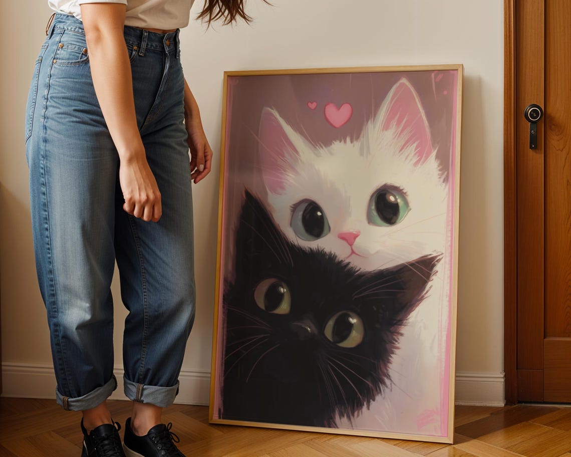 Cute Black and White Cat Faces Hearts Romantic Kitten Poster - Image 2