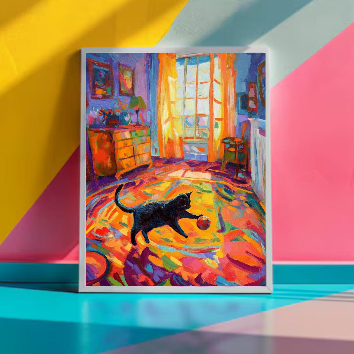 Playful Black Cat With A Ball In A Colorful Sunlit Room Poster - Image 2