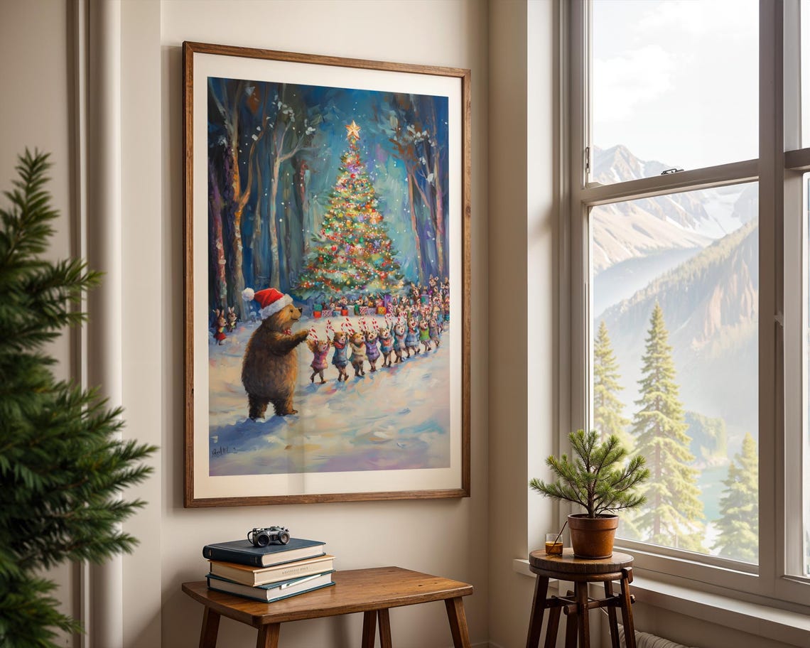 Joyful Christmas Bear Party Around a Brightly Decorated Tree Poster - Image 2