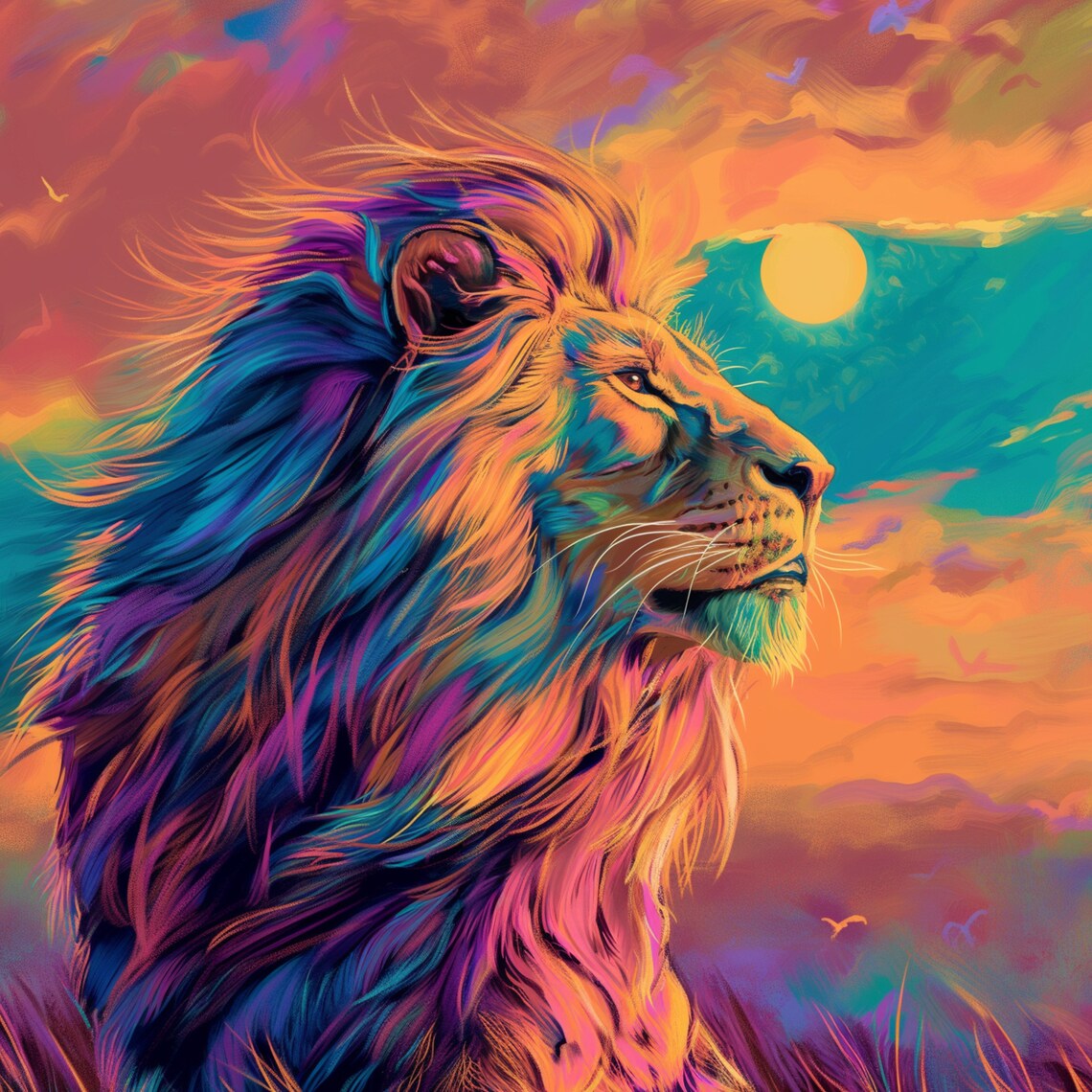 Majestic Colorful Lion Profile Against a Fiery Sunset Sky Poster - Image 3