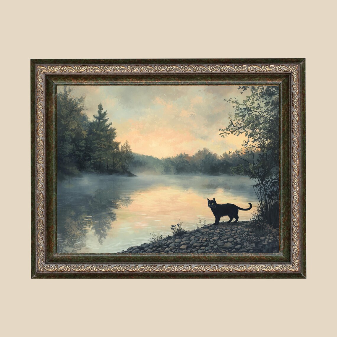Whimsical Black Cat Art Print, Calming Landscape - Image 3
