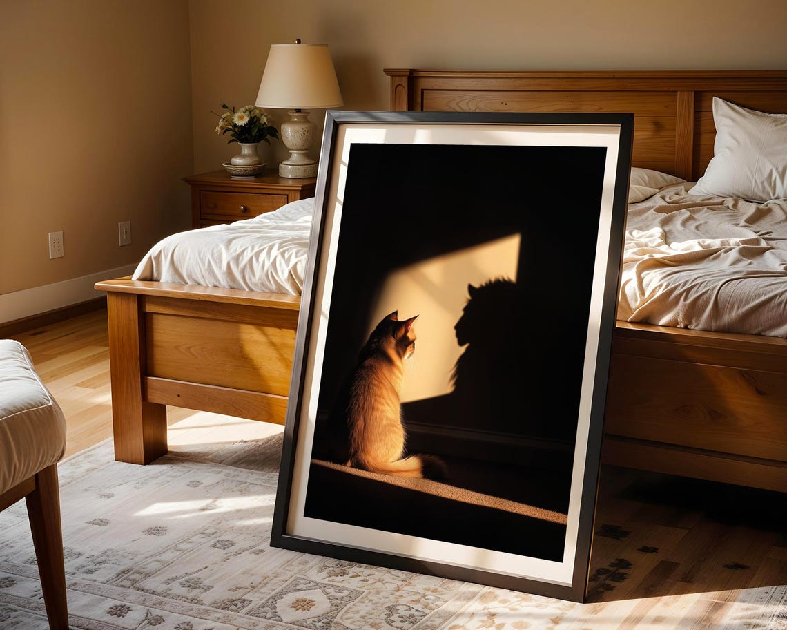 Ginger Cat Lion Shadow Poster Sunbeam Playful Silhouette Illusion Art - Image 2