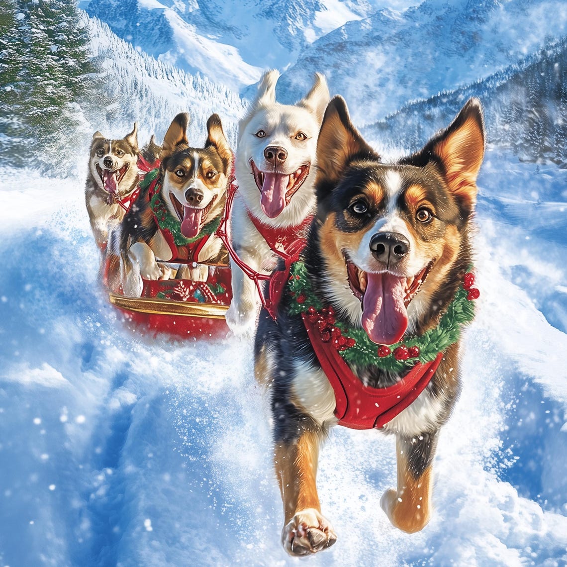 Happy Sled Dog Team Racing Through Snowy Mountain Peaks Poster - Image 3