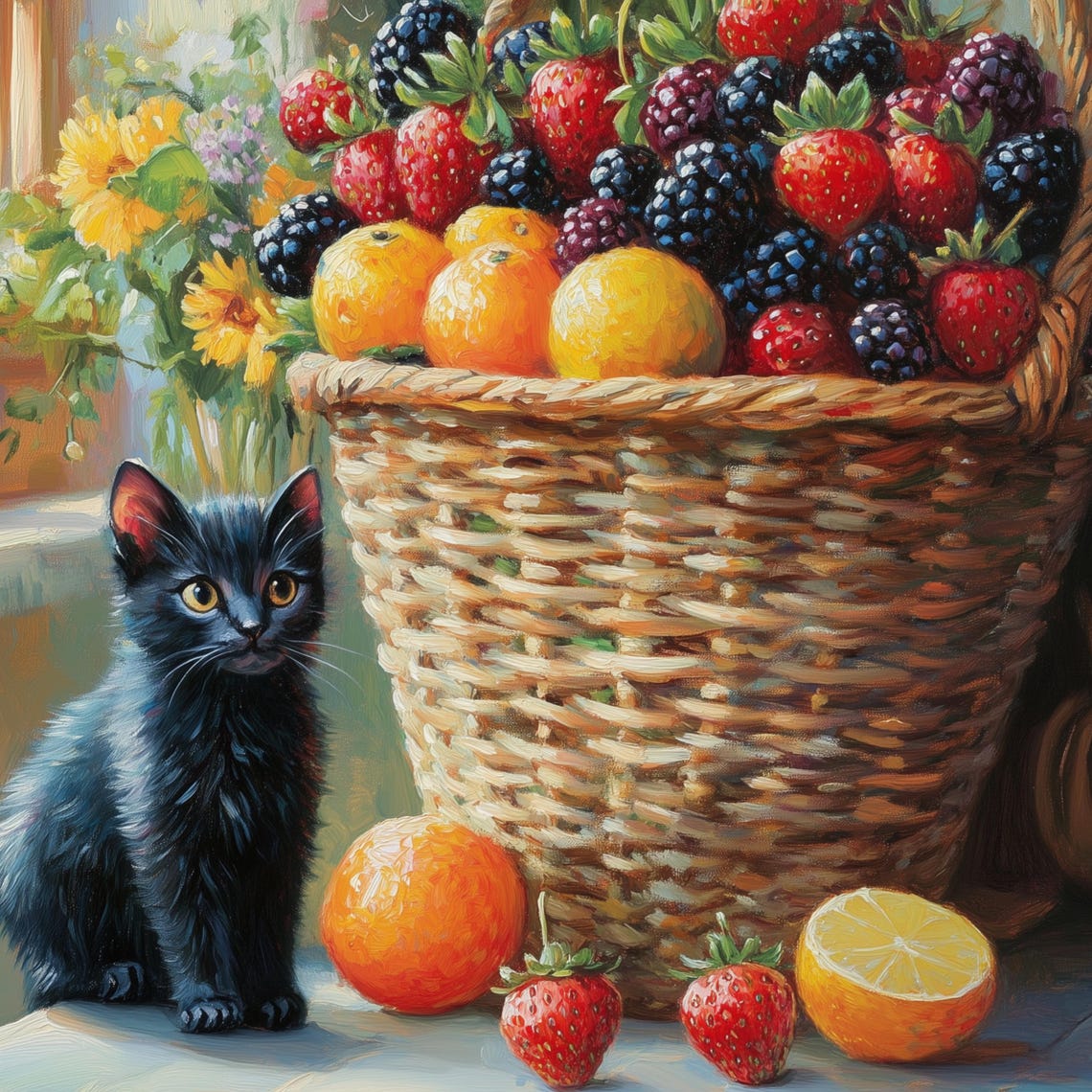 Black Kitten Fruit Basket Poster Summer Berries Sunny Window Painting - Image 3