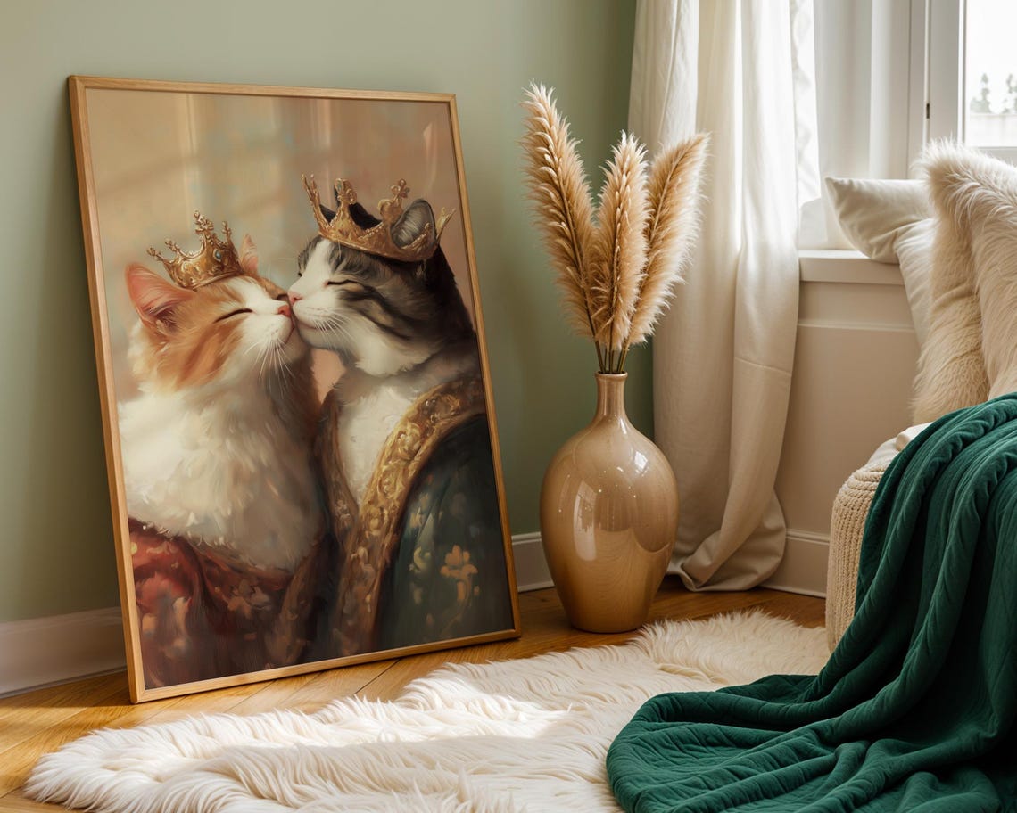 Royal Cats Kissing Golden Crowns Orange Tabby Cat Love Poster - Image 2
