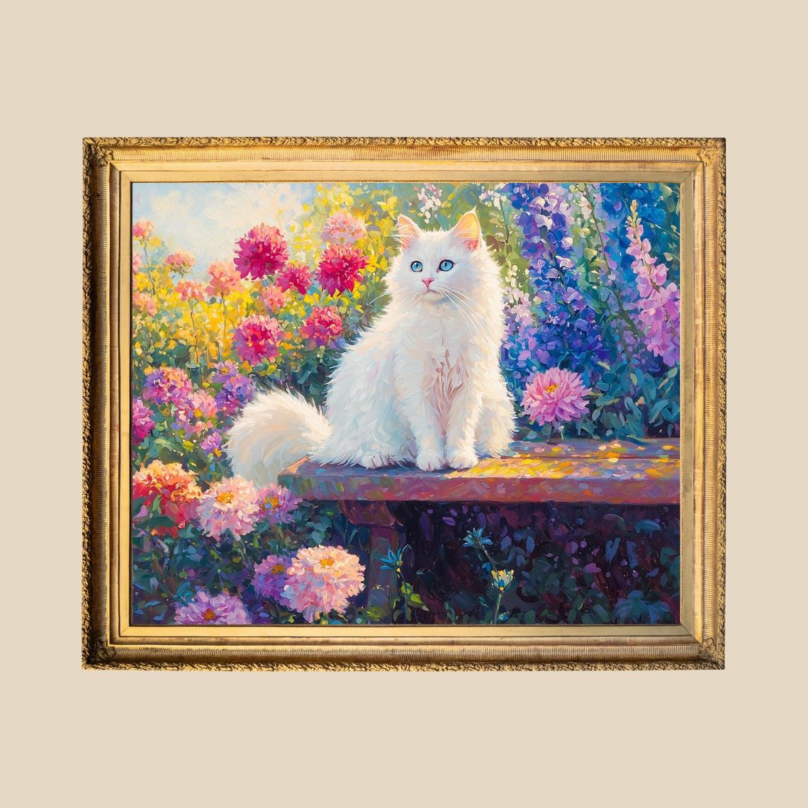 Fluffy White Cat In A Flower Garden Oil Painting Of Cat And Flowers Garden Oil Painting Print Colorful Floral Art Print White Cat Artwork - Image 3
