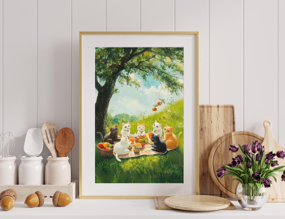 Adorable Cat Friends Enjoying A Sunny Picnic Under Tree Poster - Image 2