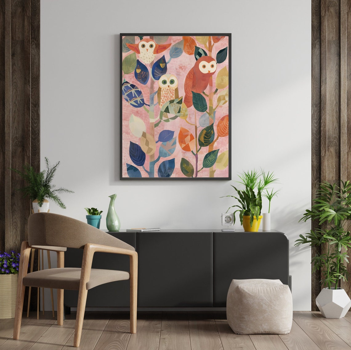 Whimsical Owl Trio Folk Art Poster Pink Geometric Botanical Leaves - Image 3