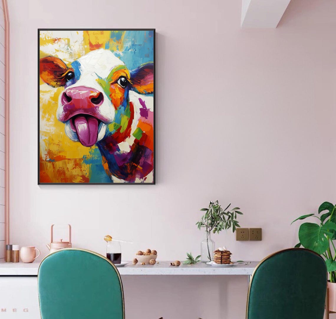 Colorful Cow Abstract Poster Playful Tongue Out Multicolor Face Art - Image 2